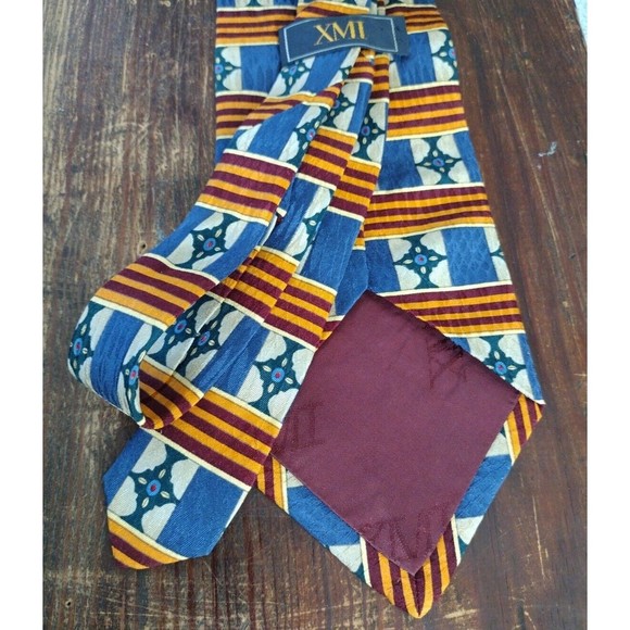 100% Silk Necktie Made USA Blue Cream Orange Red Geometric Stripe XMI Me… - Picture 9 of 11